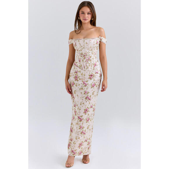 NEW, HOUSE OF CB Isis Floral Corset Bodice Gown In White floral Sz L #MD1251 - Picture 3 of 13